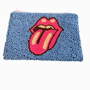 Tiana Beaded Rolling Stones Tongue Logo Coin Purse Blue Pink Zip Pouch Bag
